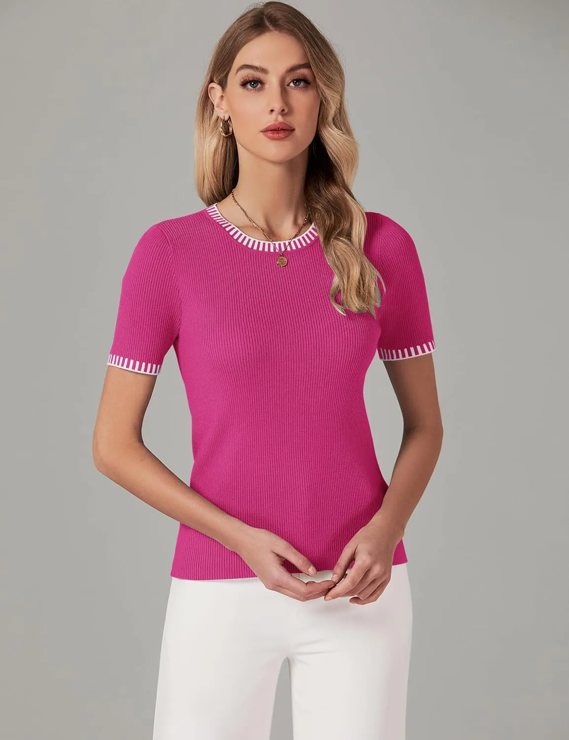luvamia Womens Tops Trendy Business Casual Summer Short Sleeve Sweater Top Slim Fit Color Block Crewneck Ribbed Knit Tee