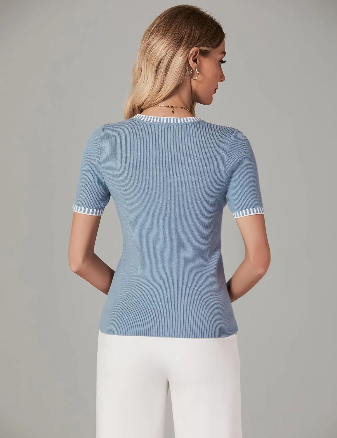luvamia Womens Tops Trendy Business Casual Summer Short Sleeve Sweater Top Slim Fit Color Block Crewneck Ribbed Knit Tee