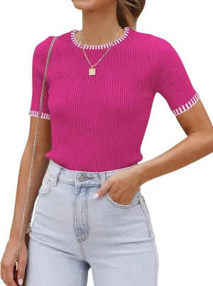 luvamia Womens Tops Trendy Business Casual Summer Short Sleeve Sweater Top Slim Fit Color Block Crewneck Ribbed Knit Tee
