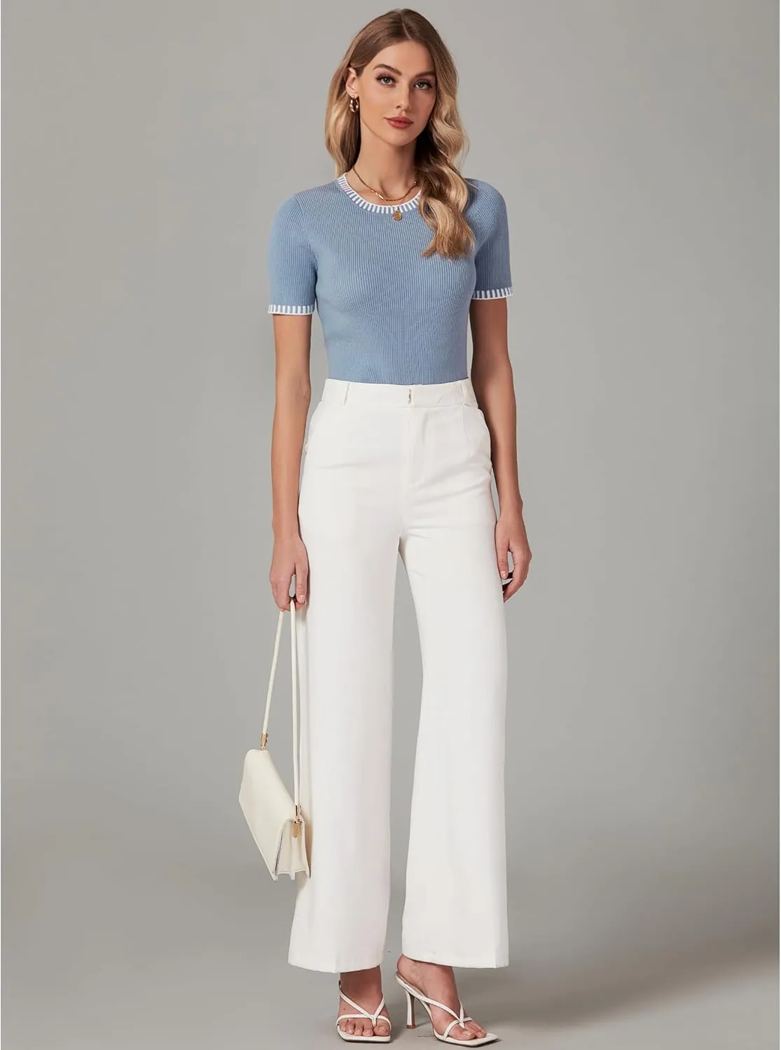 luvamia Womens Tops Trendy Business Casual Summer Short Sleeve Sweater Top Slim Fit Color Block Crewneck Ribbed Knit Tee