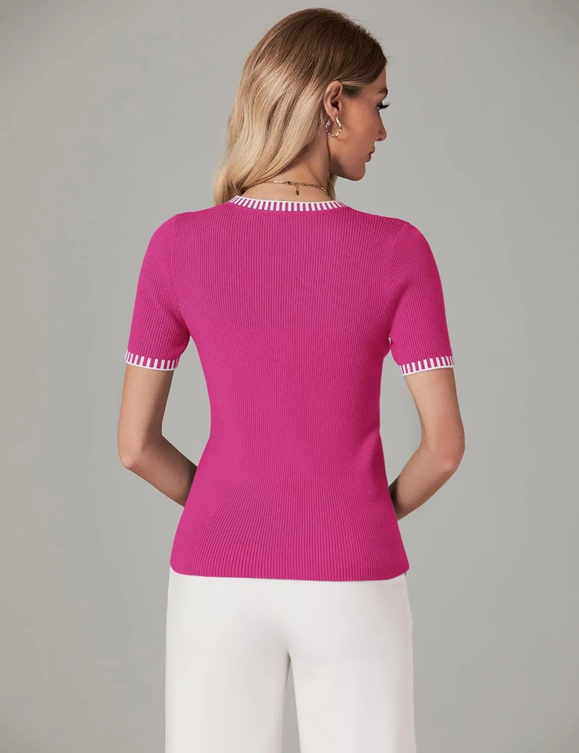 luvamia Womens Tops Trendy Business Casual Summer Short Sleeve Sweater Top Slim Fit Color Block Crewneck Ribbed Knit Tee