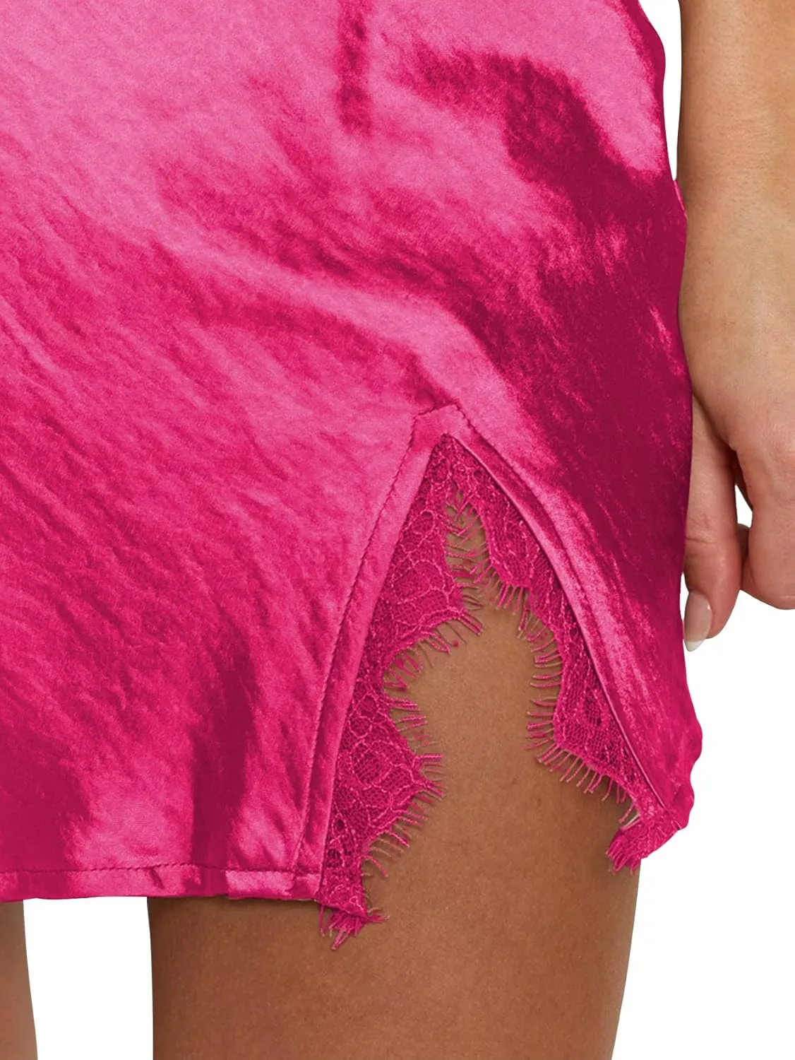 LYANER Women's Satin Silky Lace Trim Split Slit Hem Zipper High Wasit Mini Short Skirt