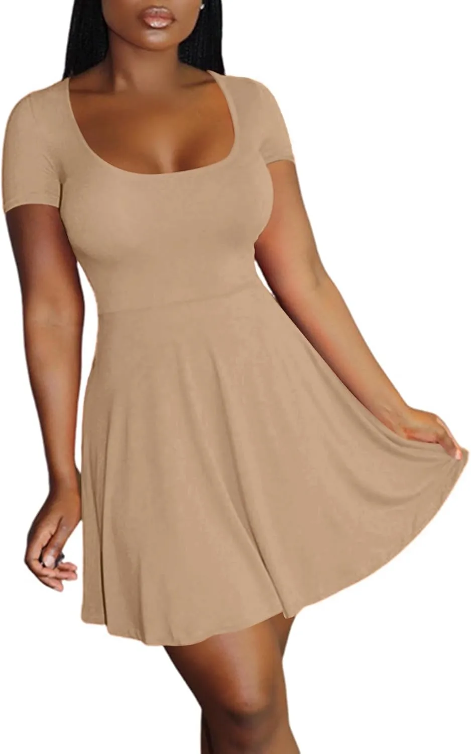 LYANER Women's Scoop Neck Short Sleeve Ruffle Hem A Line Flare Mini Basic Dress