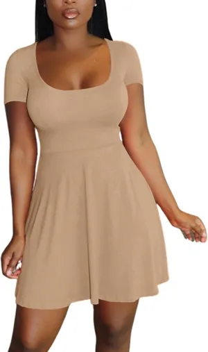 LYANER Women's Scoop Neck Short Sleeve Ruffle Hem A Line Flare Mini Basic Dress