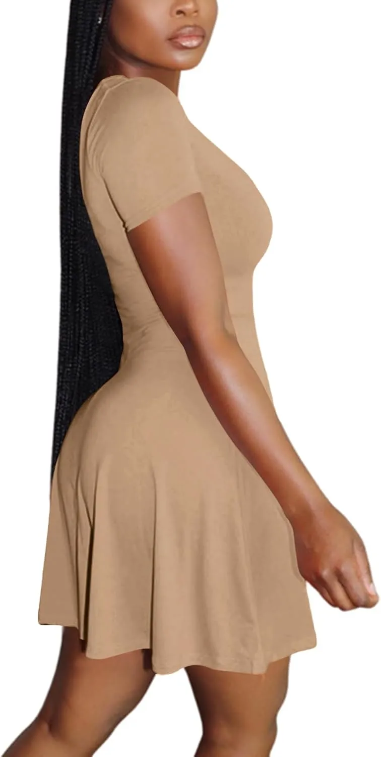 LYANER Women's Scoop Neck Short Sleeve Ruffle Hem A Line Flare Mini Basic Dress