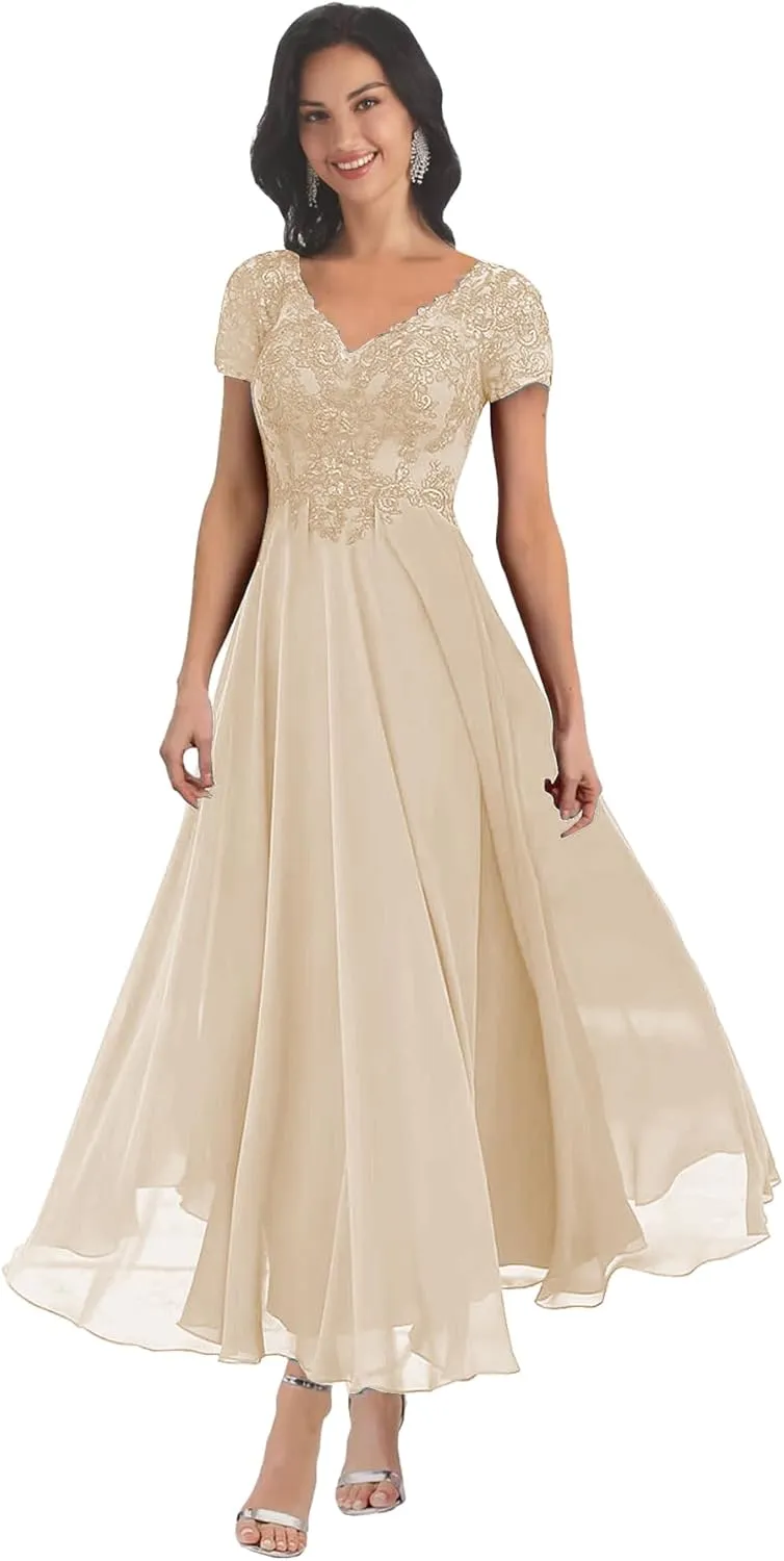 MAGGCIF Lace Mother of The Bride Dresses with Sleeves Chiffon A Line Long Formal Evening Gowns