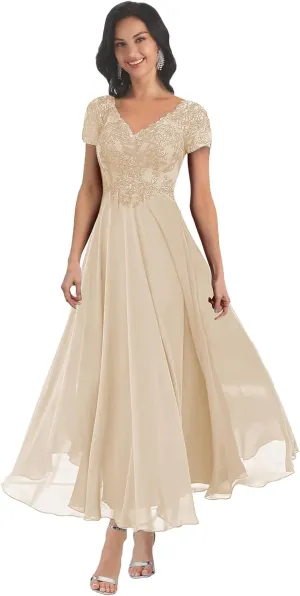 MAGGCIF Lace Mother of The Bride Dresses with Sleeves Chiffon A Line Long Formal Evening Gowns