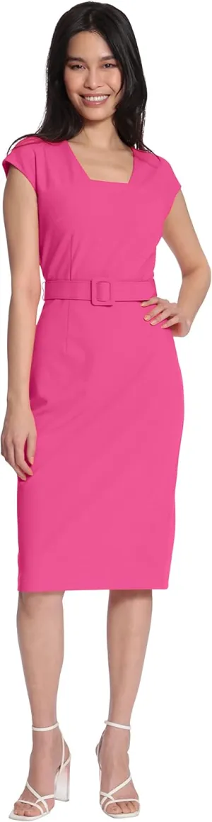Maggy London Women's Square Neck Cap Sleeve Belted Dress with Pencil Skirt