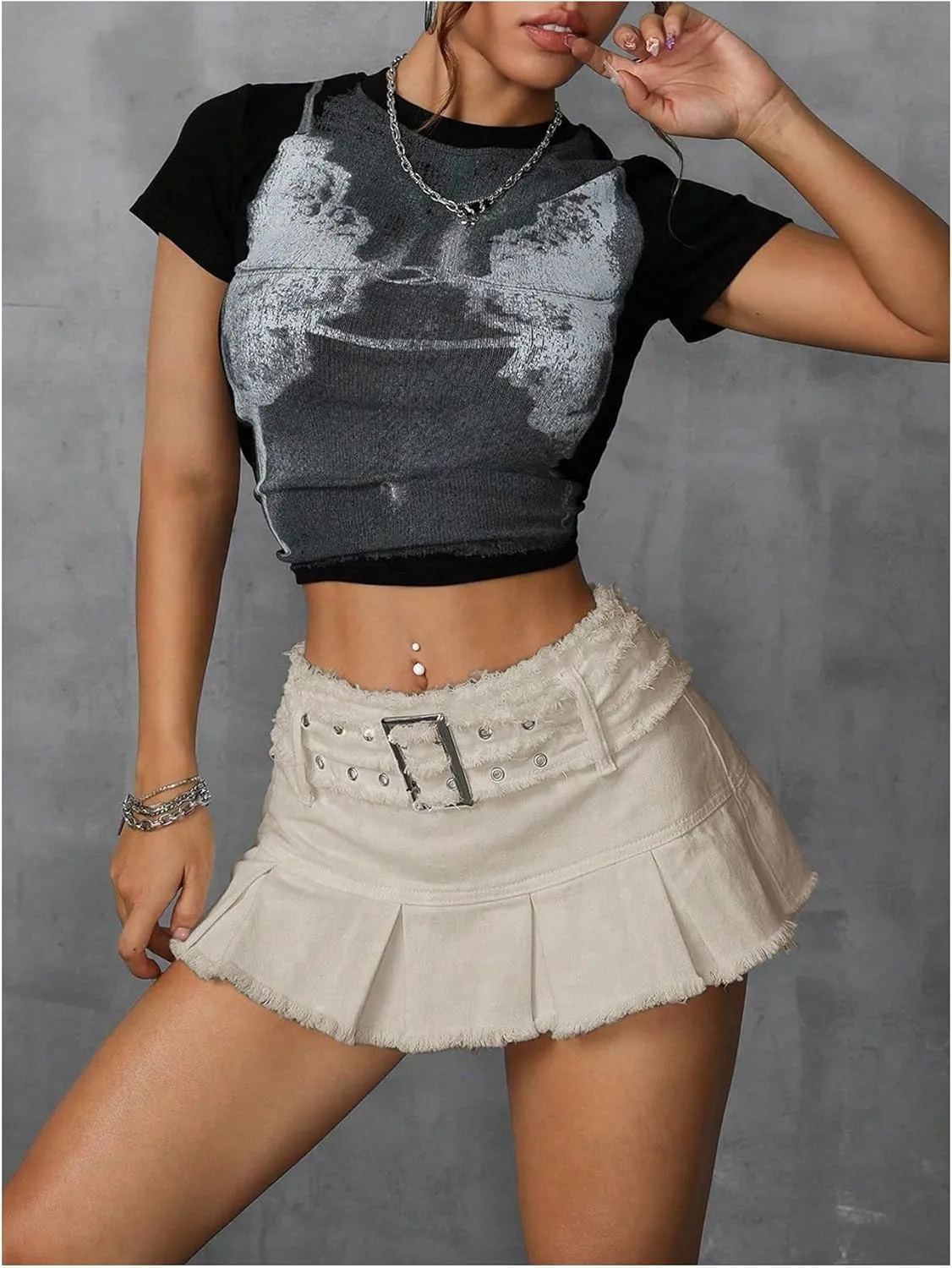 MakeMeChic Women's Raw Trim Grommet Eyelet Pleated A Line Belted Y2K Denim Mini Skirts