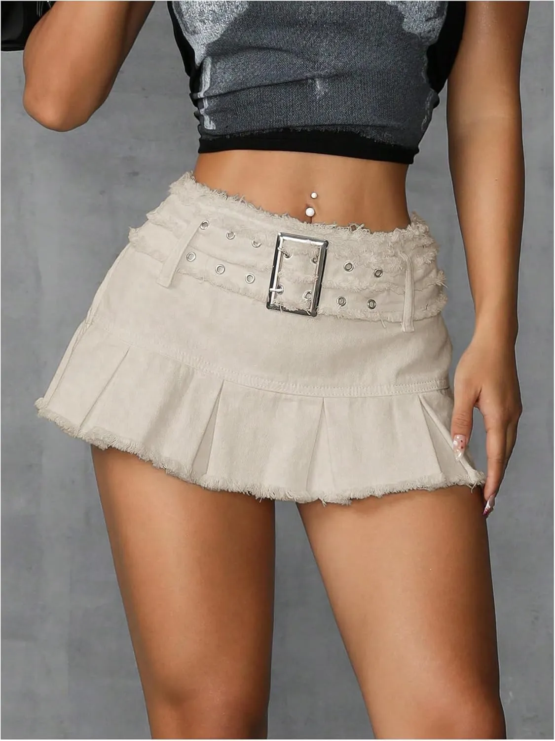 MakeMeChic Women's Raw Trim Grommet Eyelet Pleated A Line Belted Y2K Denim Mini Skirts
