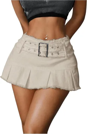 MakeMeChic Women's Raw Trim Grommet Eyelet Pleated A Line Belted Y2K Denim Mini Skirts