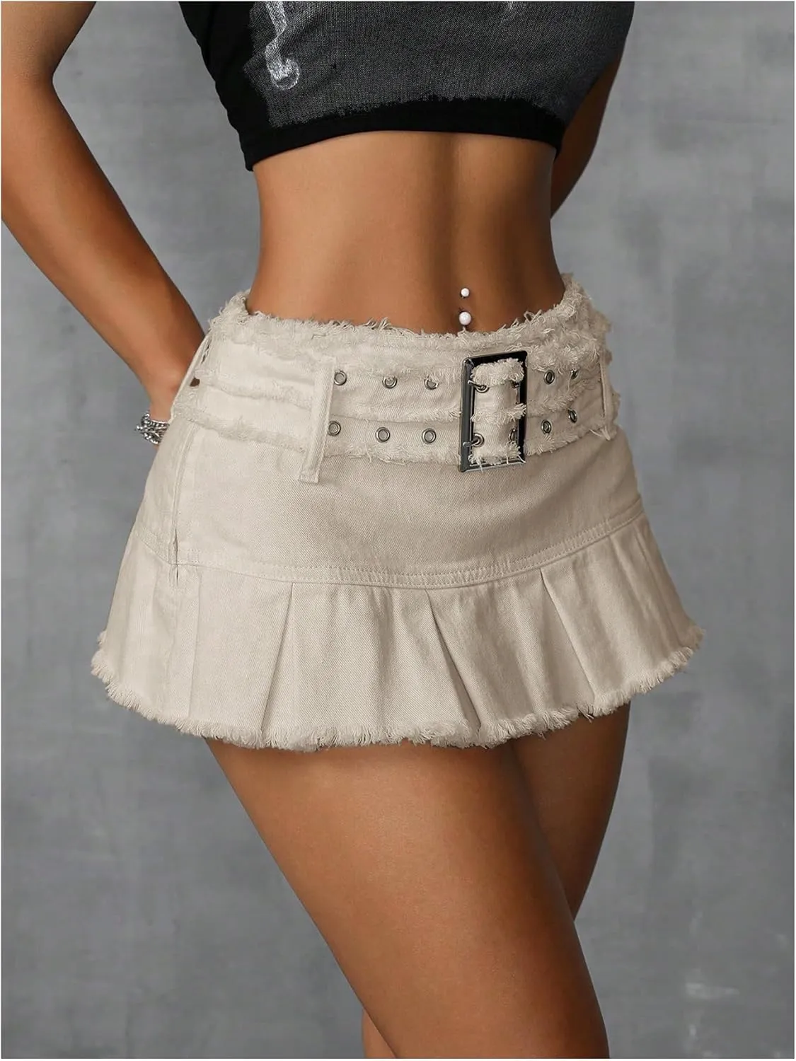 MakeMeChic Women's Raw Trim Grommet Eyelet Pleated A Line Belted Y2K Denim Mini Skirts