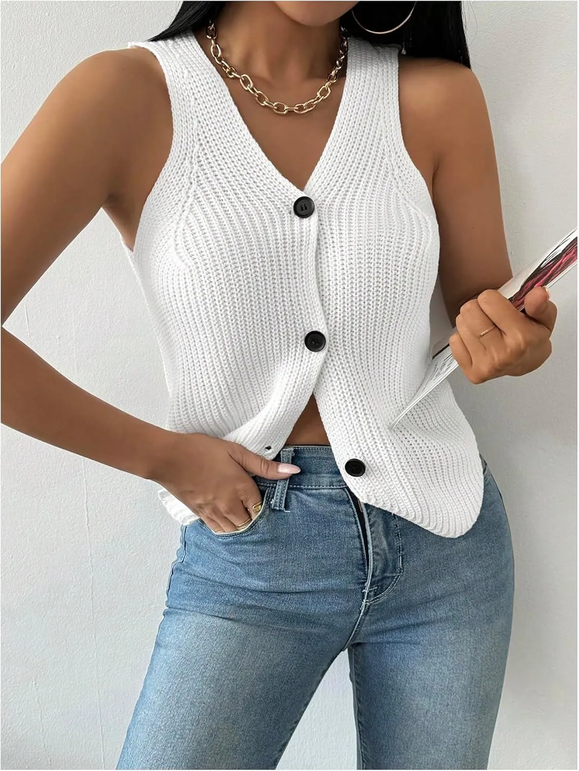 MakeMeChic Women's V Neck Button Down Sleeveless Knit Lightweight Sweater Vest Tops