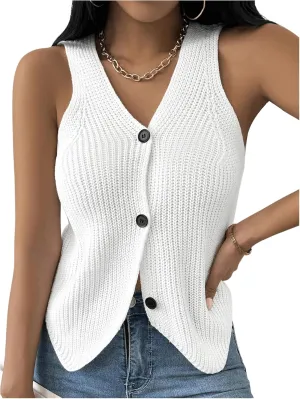 MakeMeChic Women's V Neck Button Down Sleeveless Knit Lightweight Sweater Vest Tops