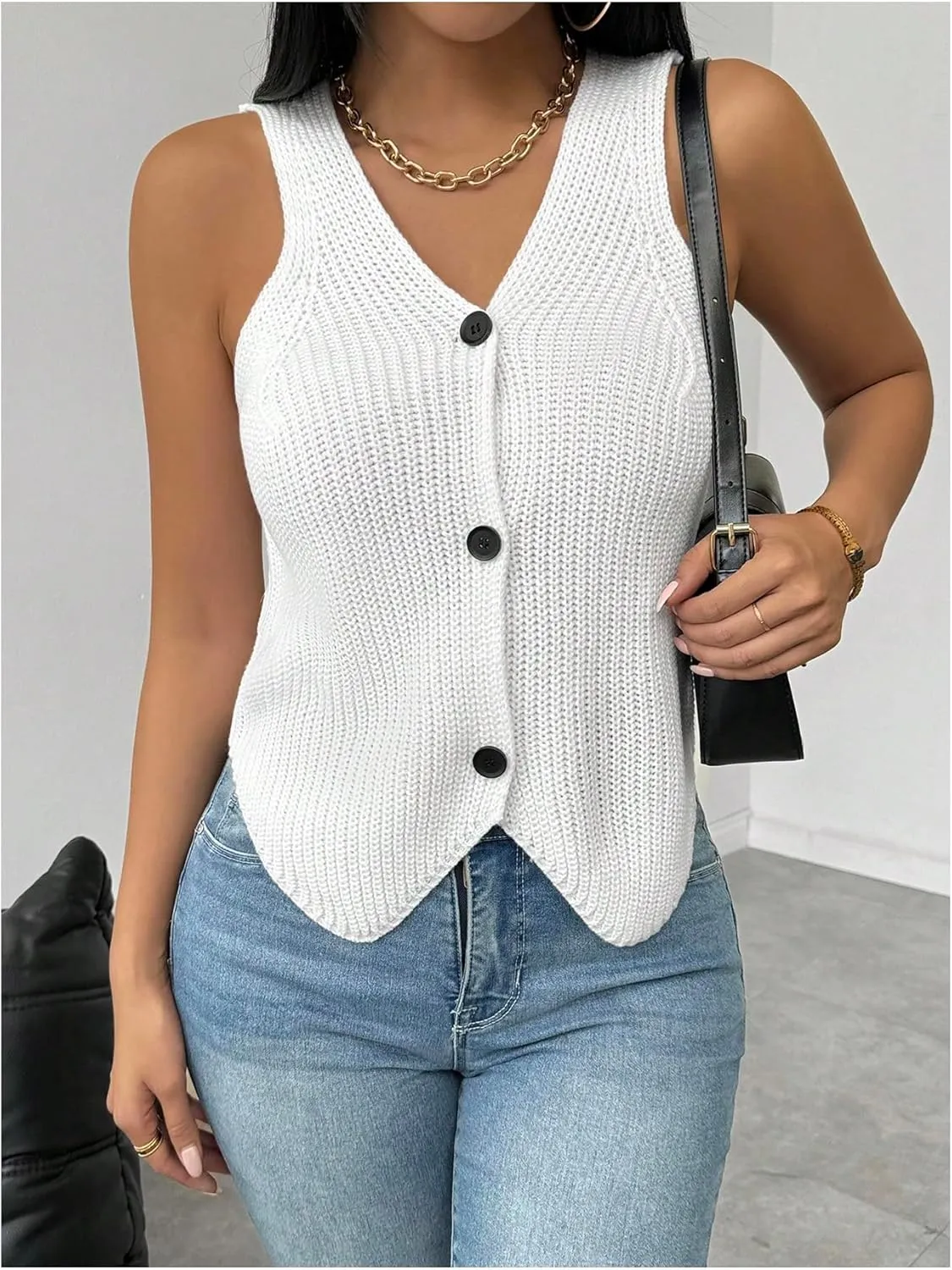MakeMeChic Women's V Neck Button Down Sleeveless Knit Lightweight Sweater Vest Tops