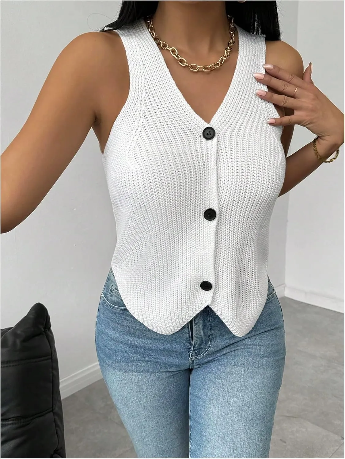 MakeMeChic Women's V Neck Button Down Sleeveless Knit Lightweight Sweater Vest Tops