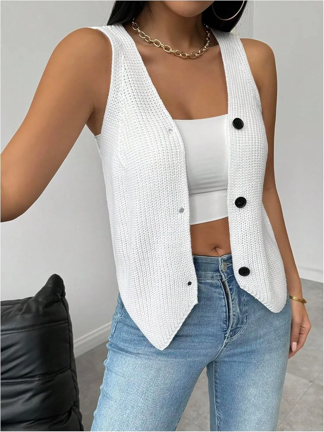 MakeMeChic Women's V Neck Button Down Sleeveless Knit Lightweight Sweater Vest Tops