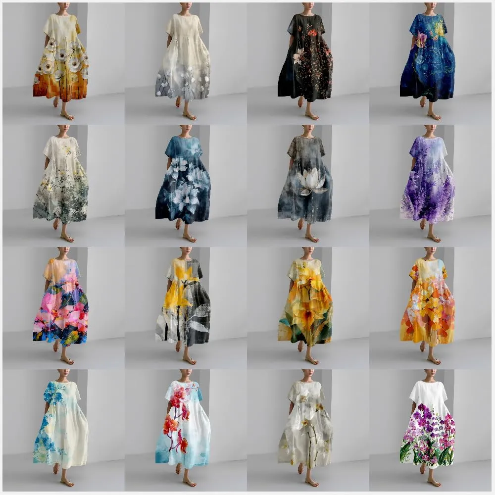 MARSVOVO Boho Dress for Women 2024 Plus Size Linen Casual Fish Wave Pattern Loose Fit Ruffle Hem Flowy Japanese Dress