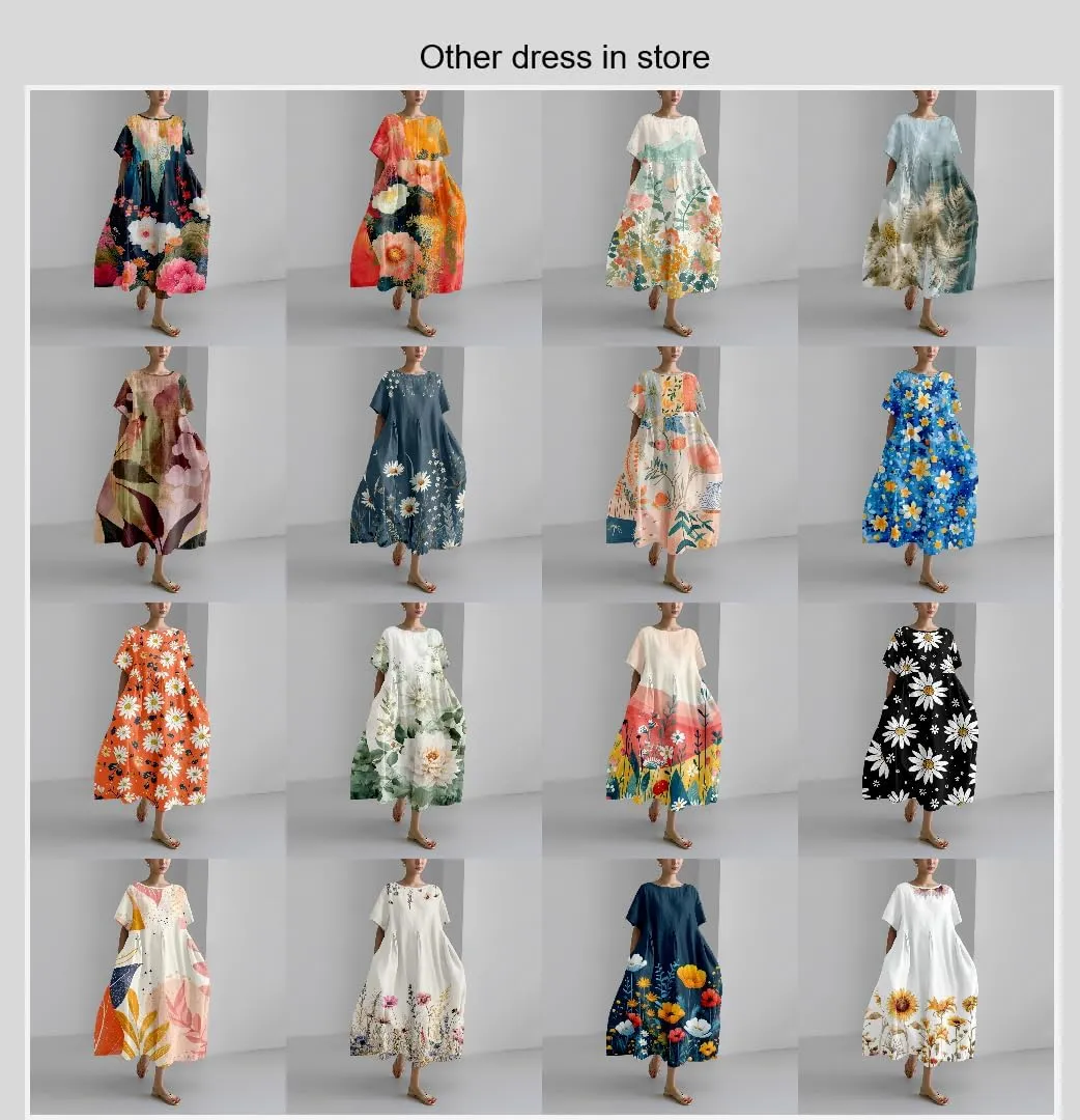 MARSVOVO Boho Dress for Women 2024 Plus Size Linen Casual Fish Wave Pattern Loose Fit Ruffle Hem Flowy Japanese Dress