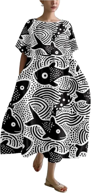 MARSVOVO Boho Dress for Women 2024 Plus Size Linen Casual Fish Wave Pattern Loose Fit Ruffle Hem Flowy Japanese Dress