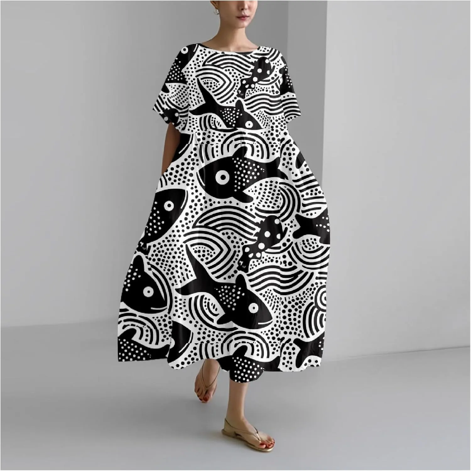 MARSVOVO Boho Dress for Women 2024 Plus Size Linen Casual Fish Wave Pattern Loose Fit Ruffle Hem Flowy Japanese Dress