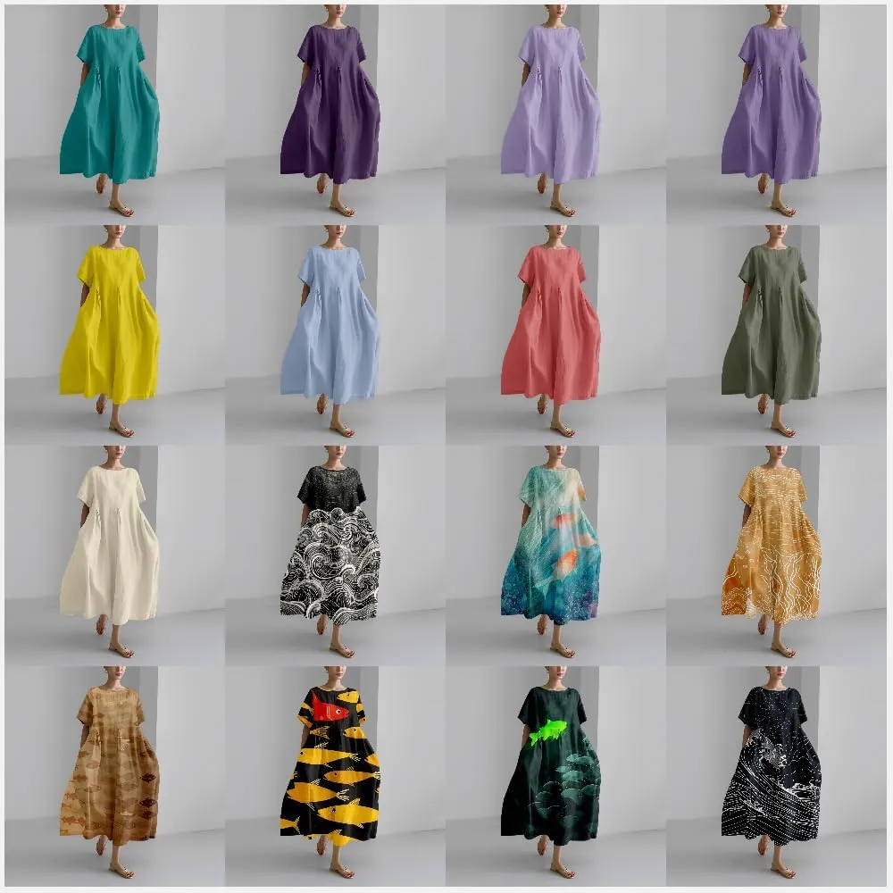 MARSVOVO Boho Dress for Women 2024 Plus Size Linen Casual Fish Wave Pattern Loose Fit Ruffle Hem Flowy Japanese Dress