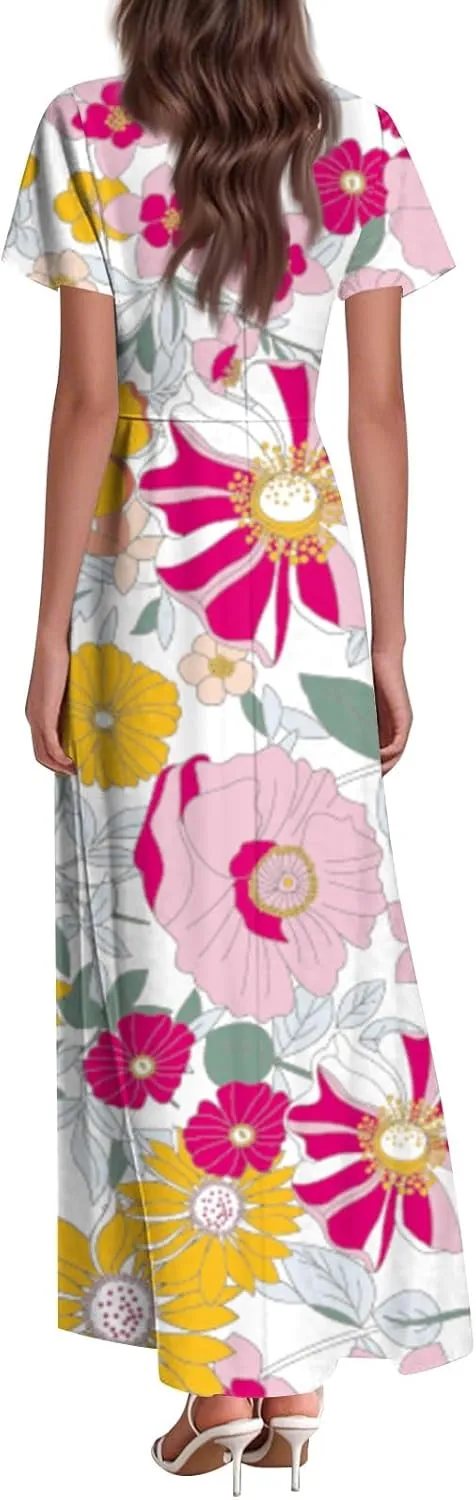 Maxi Dresses for Women 2025 Summer Ruffle Short Sleeve Floral Dress Flowy V Neck Chiffon Maxi Dress Printed Dresses
