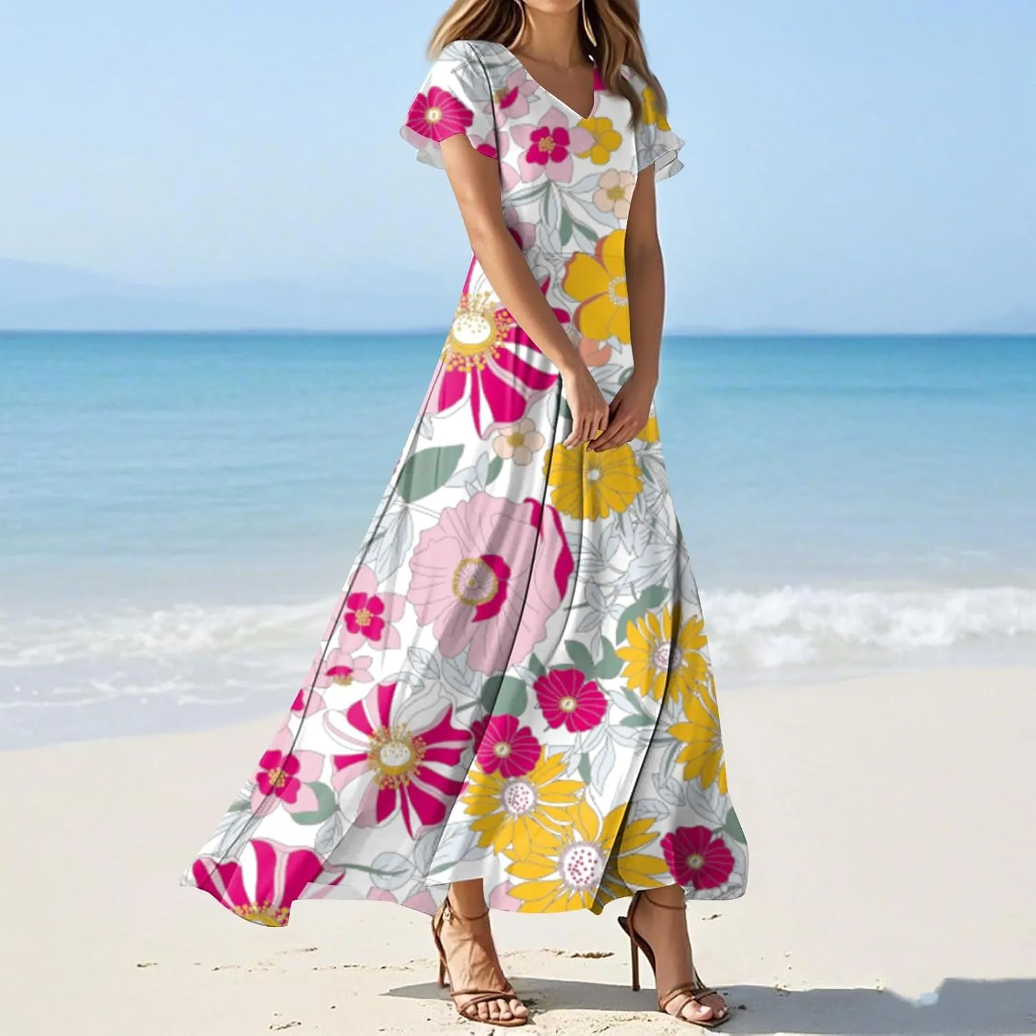 Maxi Dresses for Women 2025 Summer Ruffle Short Sleeve Floral Dress Flowy V Neck Chiffon Maxi Dress Printed Dresses