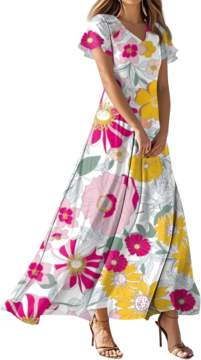 Maxi Dresses for Women 2025 Summer Ruffle Short Sleeve Floral Dress Flowy V Neck Chiffon Maxi Dress Printed Dresses