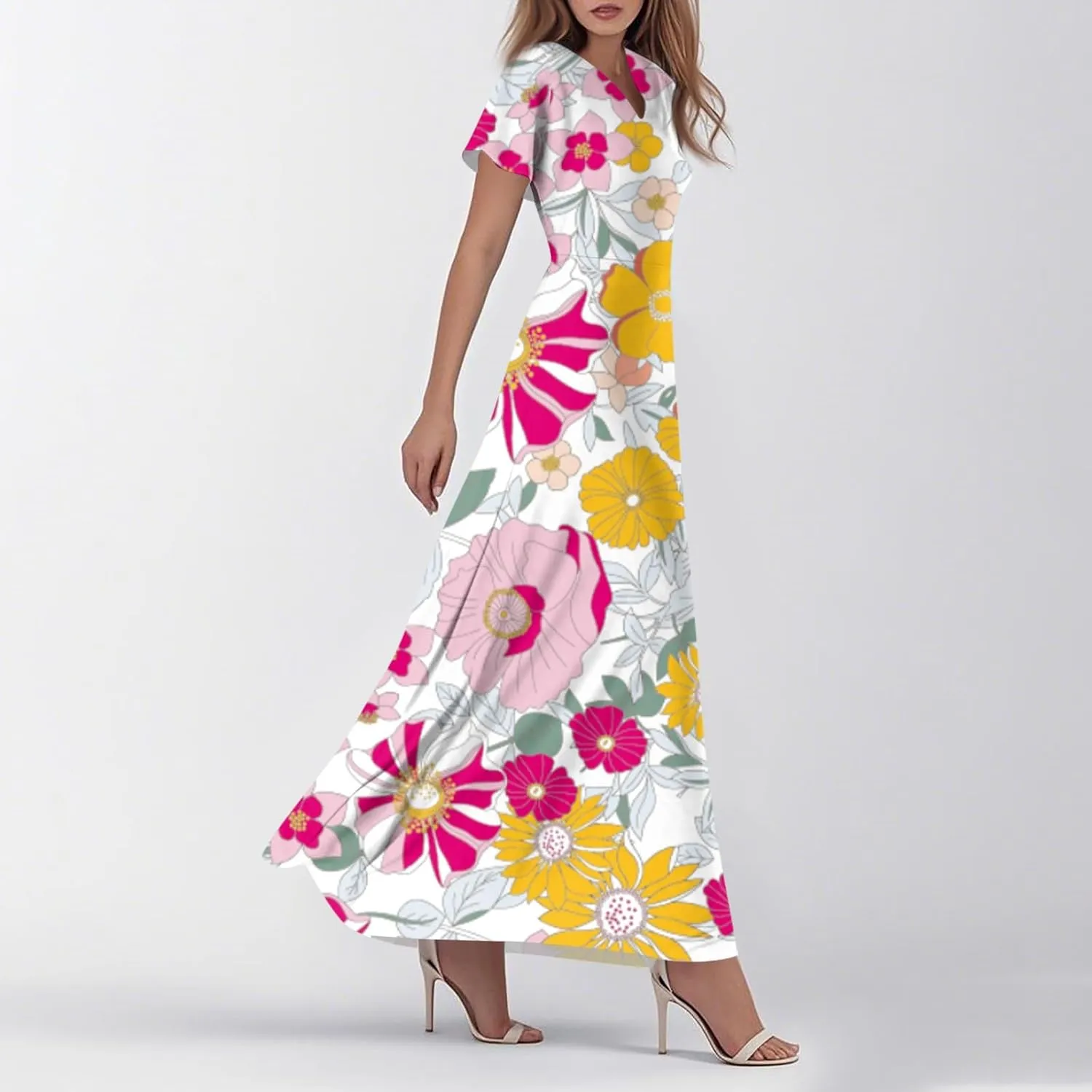 Maxi Dresses for Women 2025 Summer Ruffle Short Sleeve Floral Dress Flowy V Neck Chiffon Maxi Dress Printed Dresses