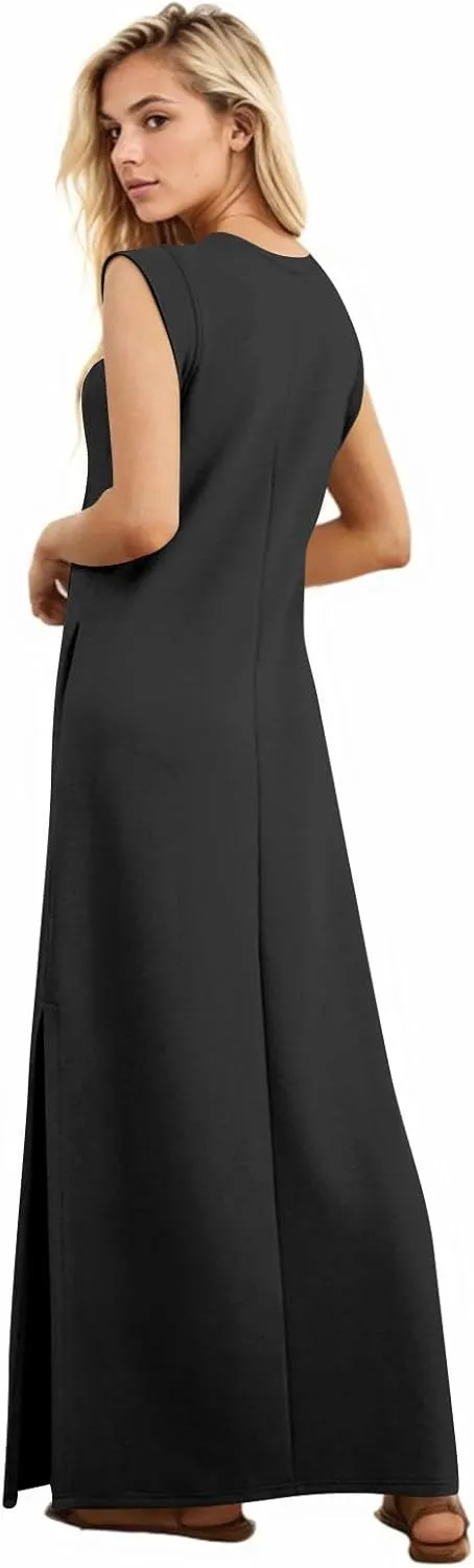 Maxi Dresses for Women 2025 Summer Short Sleeve Beach Sundresses Casual Crewneck Split Long Dress with Pocket