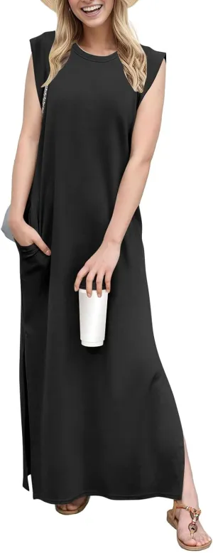 Maxi Dresses for Women 2025 Summer Short Sleeve Beach Sundresses Casual Crewneck Split Long Dress with Pocket