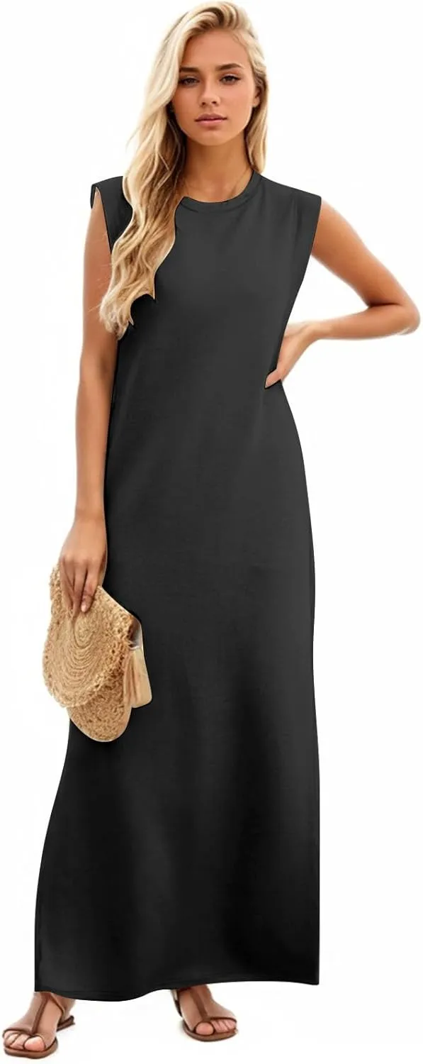 Maxi Dresses for Women 2025 Summer Short Sleeve Beach Sundresses Casual Crewneck Split Long Dress with Pocket