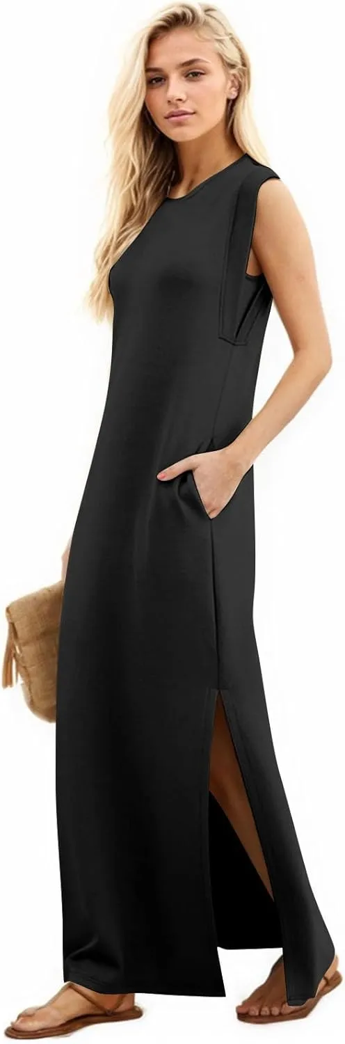 Maxi Dresses for Women 2025 Summer Short Sleeve Beach Sundresses Casual Crewneck Split Long Dress with Pocket