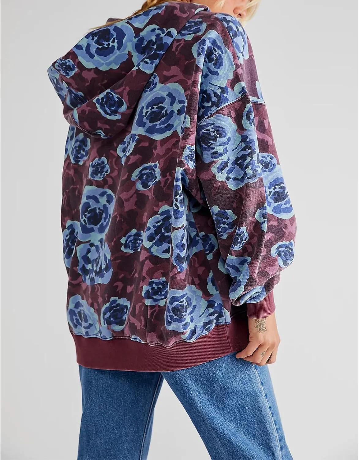 Meiweileya Oversized Graphic Hoodies for Women Y2k Long Sleeve Doop Sweatshirts Top Print Floral Crewneck