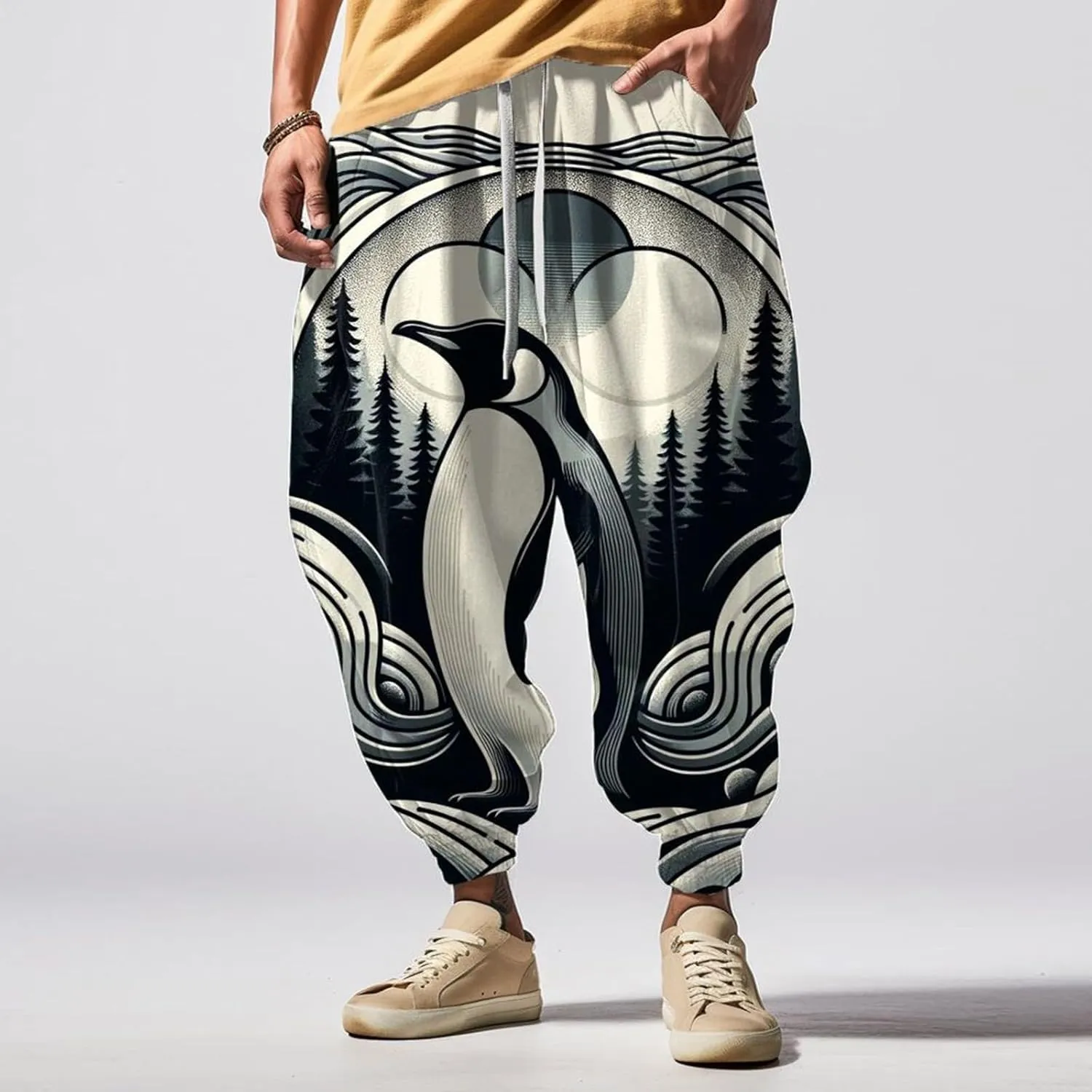 Men Drop Crotch Wide Leg Baggy Harem Pants Men's Autumn Fun Print Fashion Street Feel Casual Loose Drop Crotch