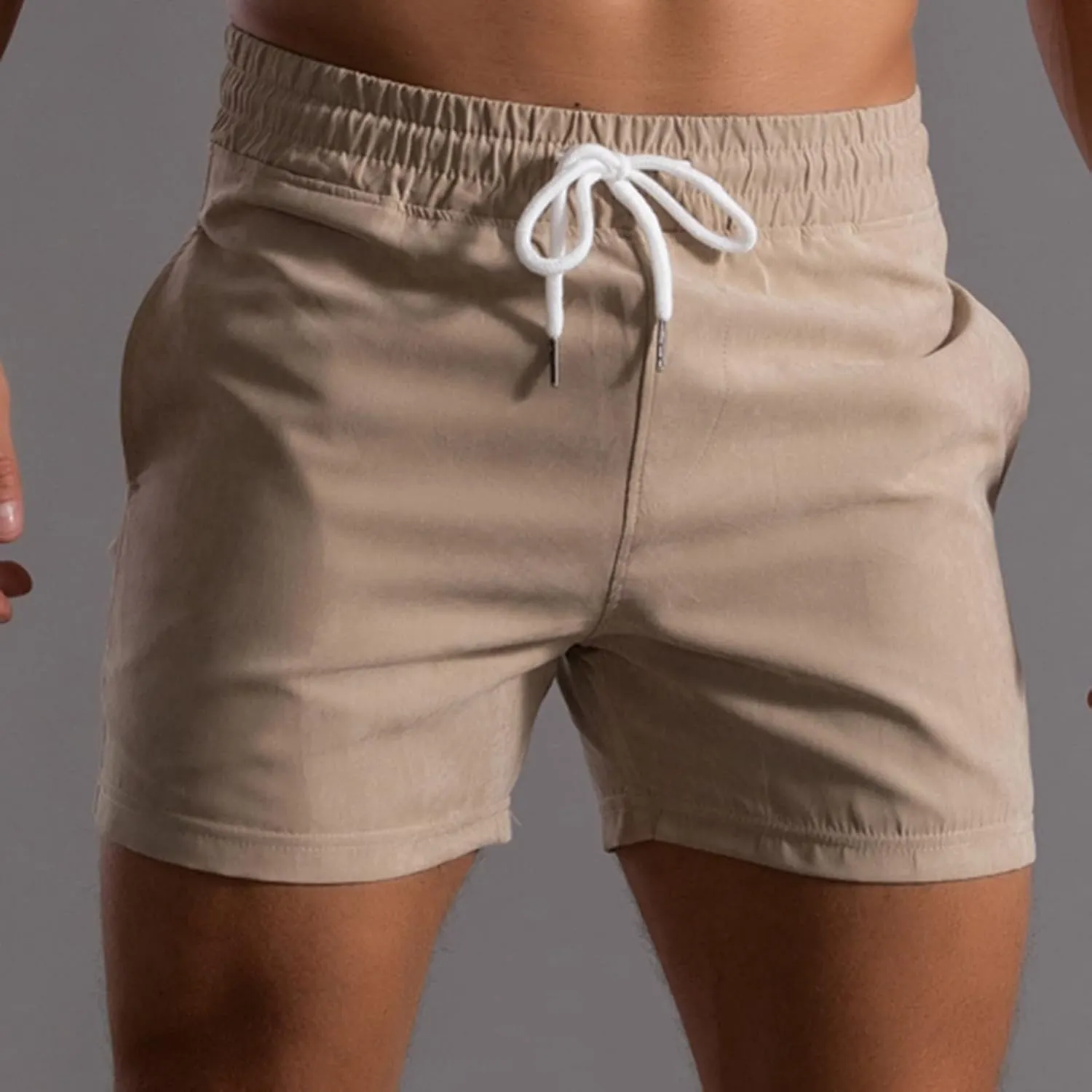 Men Shorts Mid Rise Drawstring Elastic Waisted Slim Fit Short Pants Causal Summer Homewear Solid Color Fitness Shorts