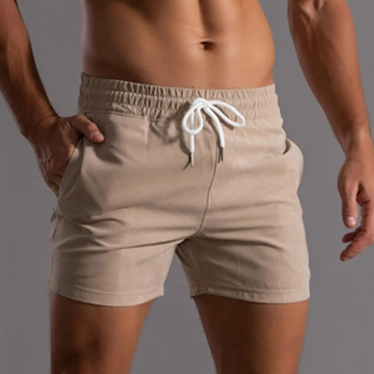 Men Shorts Mid Rise Drawstring Elastic Waisted Slim Fit Short Pants Causal Summer Homewear Solid Color Fitness Shorts