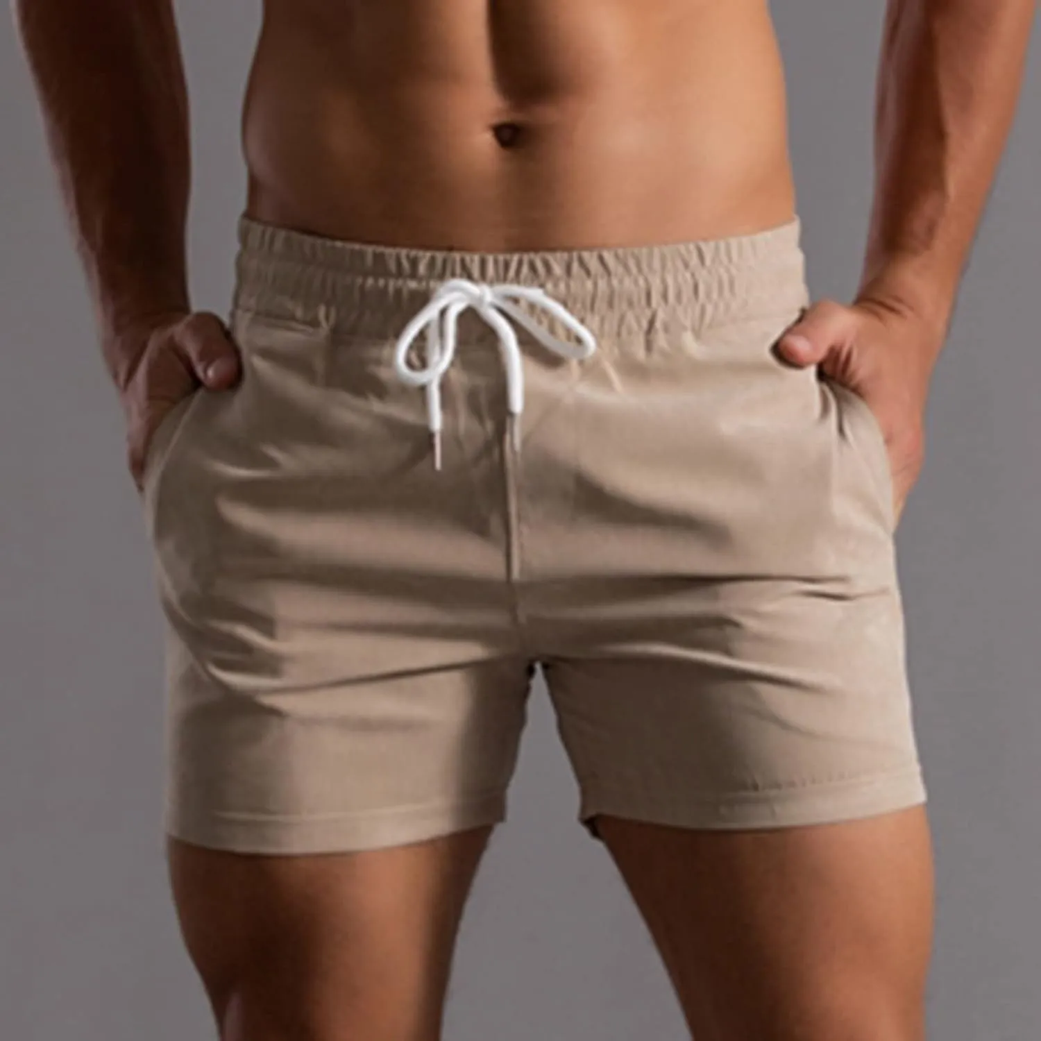 Men Shorts Mid Rise Drawstring Elastic Waisted Slim Fit Short Pants Causal Summer Homewear Solid Color Fitness Shorts