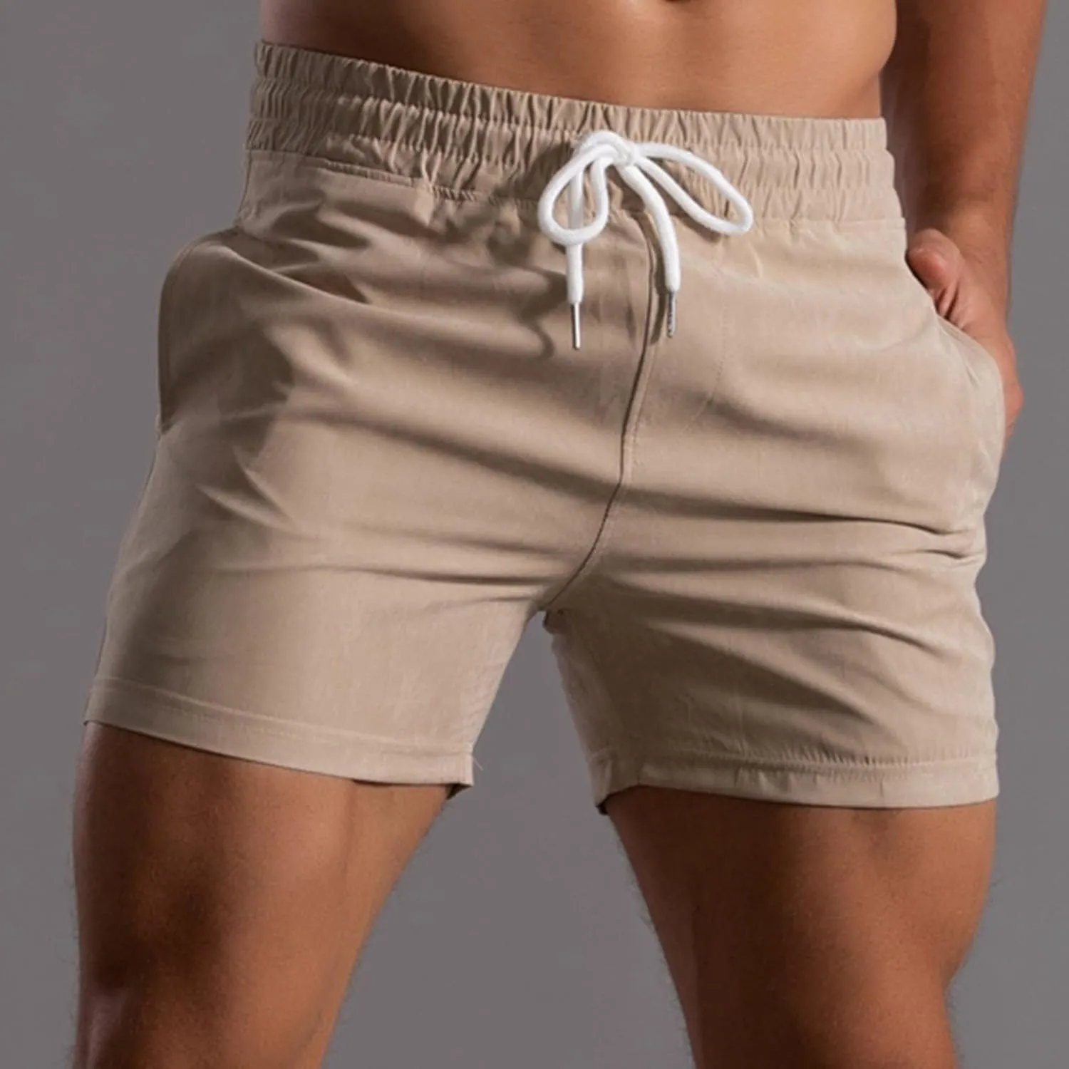 Men Shorts Mid Rise Drawstring Elastic Waisted Slim Fit Short Pants Causal Summer Homewear Solid Color Fitness Shorts