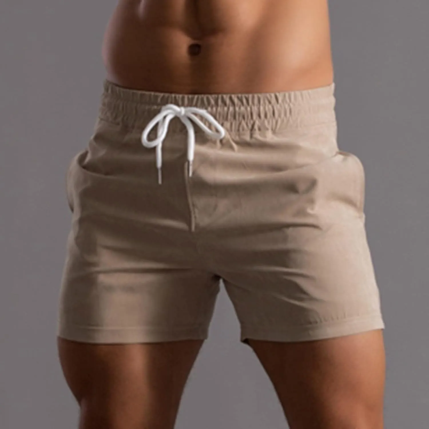 Men Shorts Mid Rise Drawstring Elastic Waisted Slim Fit Short Pants Causal Summer Homewear Solid Color Fitness Shorts