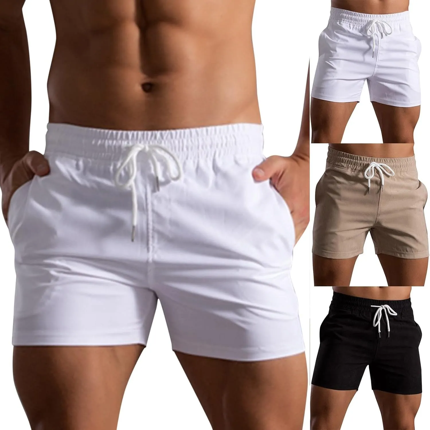 Men Shorts Mid Rise Drawstring Elastic Waisted Slim Fit Short Pants Causal Summer Homewear Solid Color Fitness Shorts