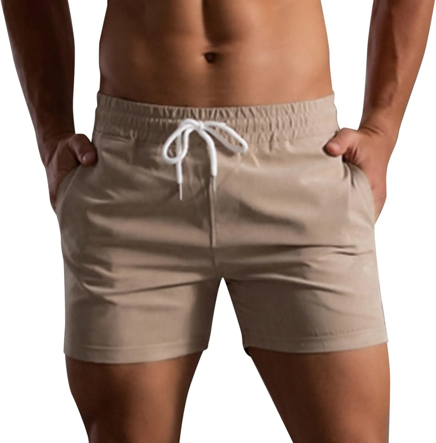 Men Shorts Mid Rise Drawstring Elastic Waisted Slim Fit Short Pants Causal Summer Homewear Solid Color Fitness Shorts