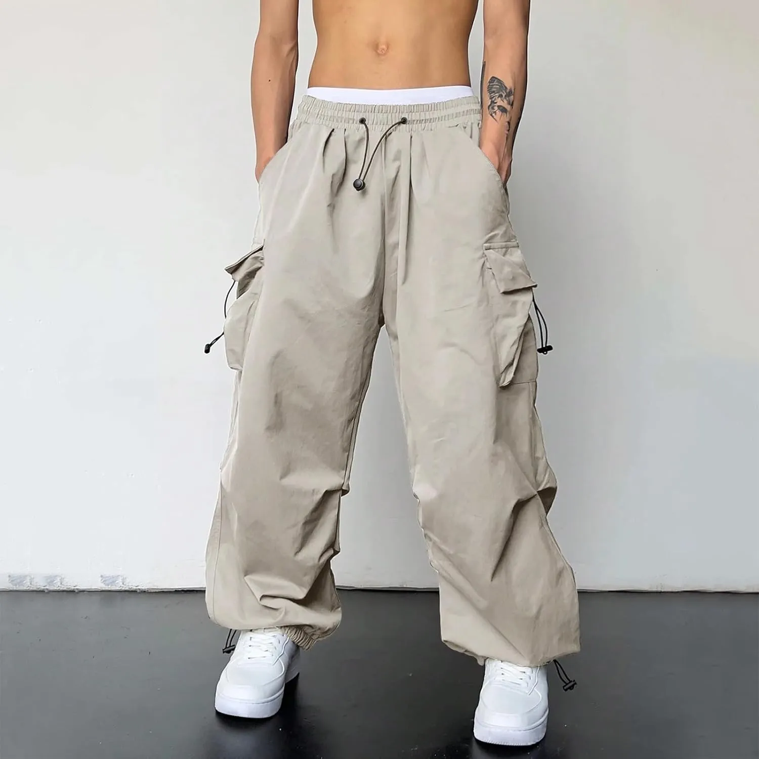Mens Cargo Pants Casual Lightweight Elastic Waist Drawstring Pant Streetwear with Multiple Pockets