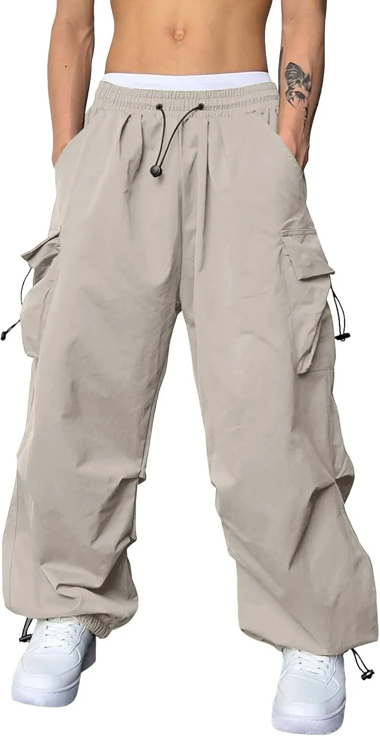Mens Cargo Pants Casual Lightweight Elastic Waist Drawstring Pant Streetwear with Multiple Pockets