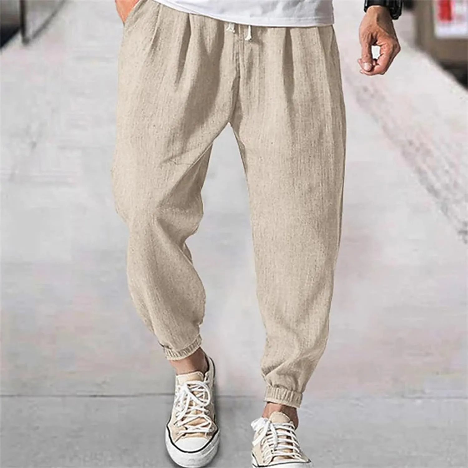 Mens Linen Tapered Pants Plus Size Lightweight Drawstring Waist Vacation Harem Trousers Summer Trendy Loose Slacks