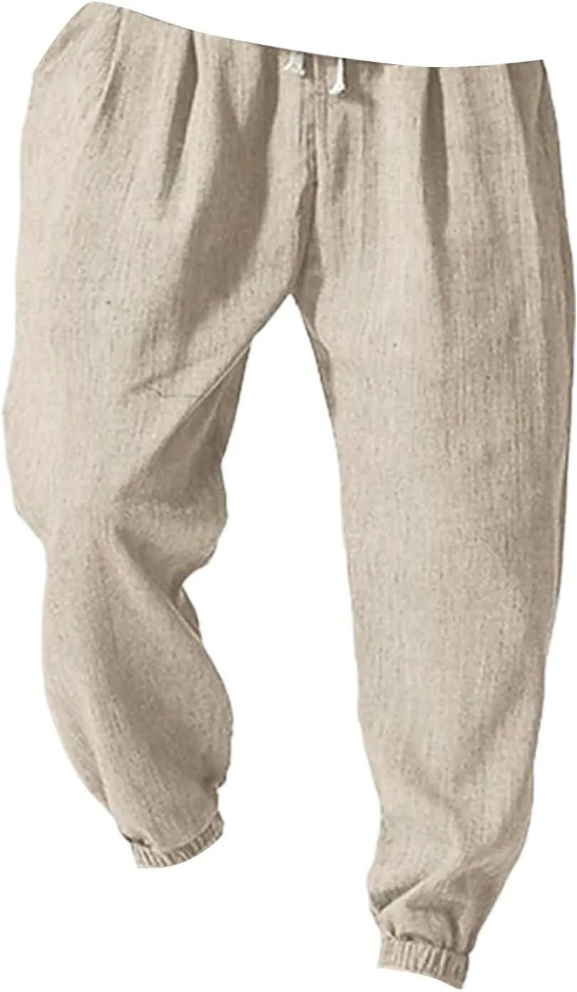 Mens Linen Tapered Pants Plus Size Lightweight Drawstring Waist Vacation Harem Trousers Summer Trendy Loose Slacks