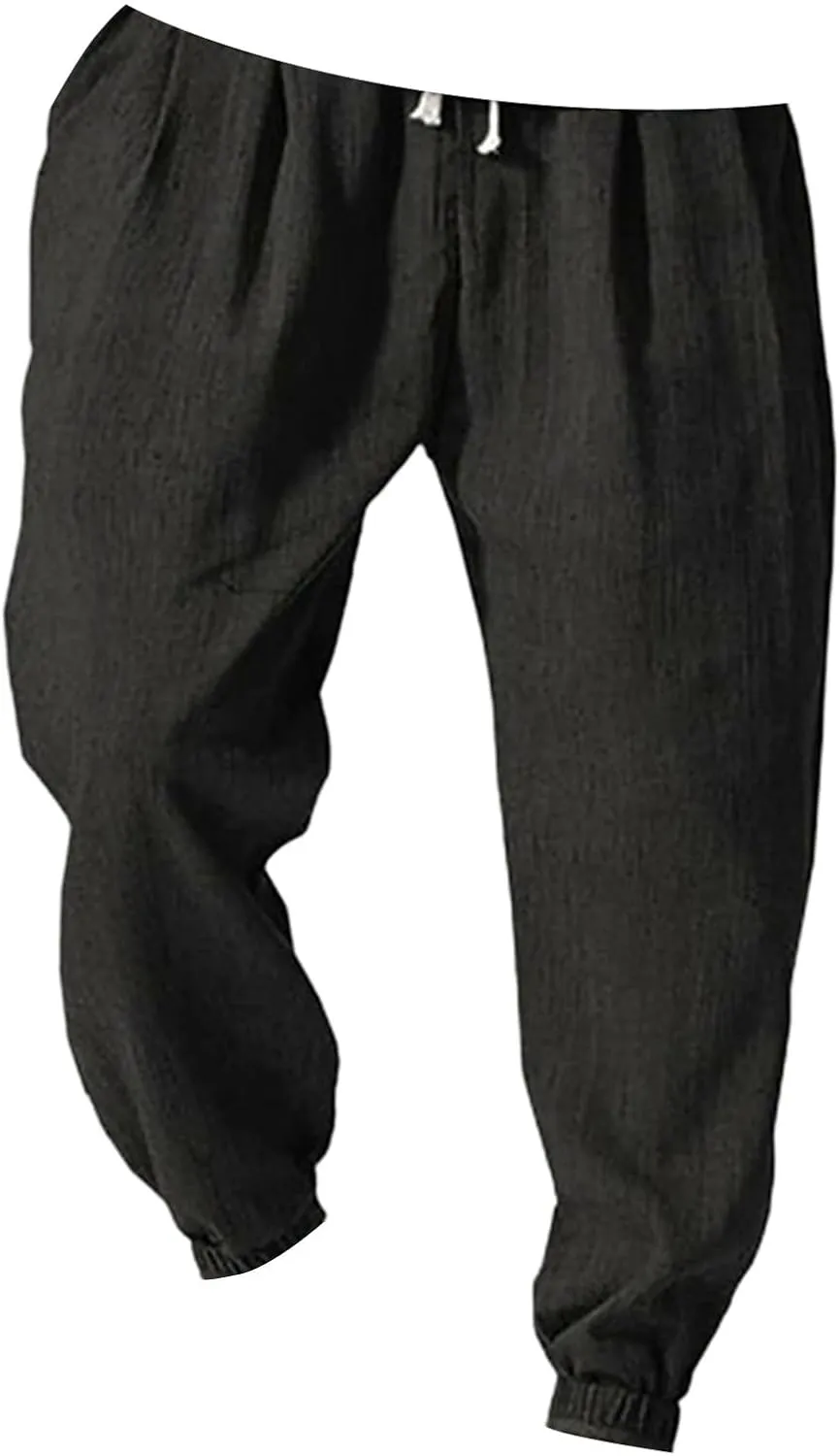 Mens Linen Tapered Pants Plus Size Lightweight Drawstring Waist Vacation Harem Trousers Summer Trendy Loose Slacks