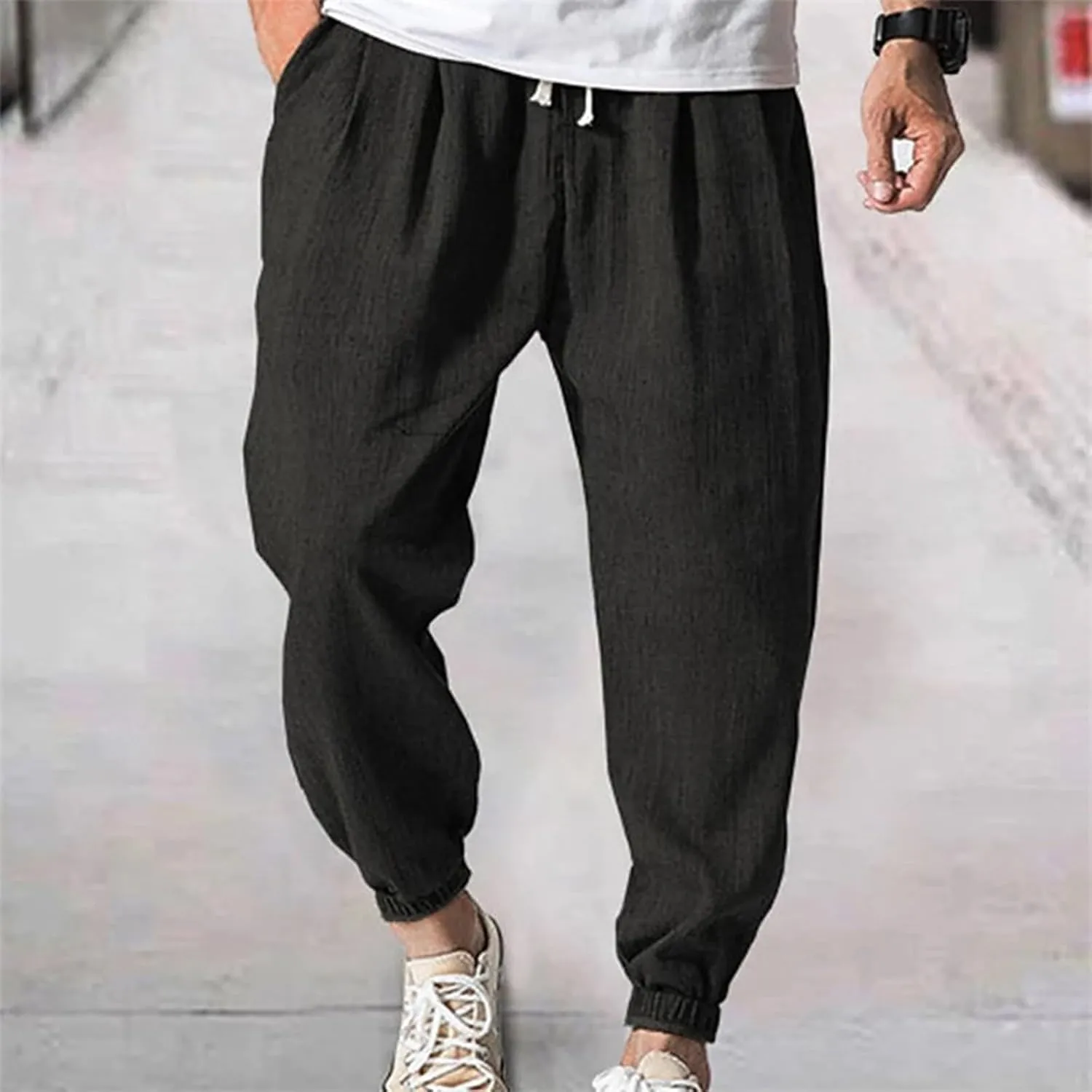 Mens Linen Tapered Pants Plus Size Lightweight Drawstring Waist Vacation Harem Trousers Summer Trendy Loose Slacks