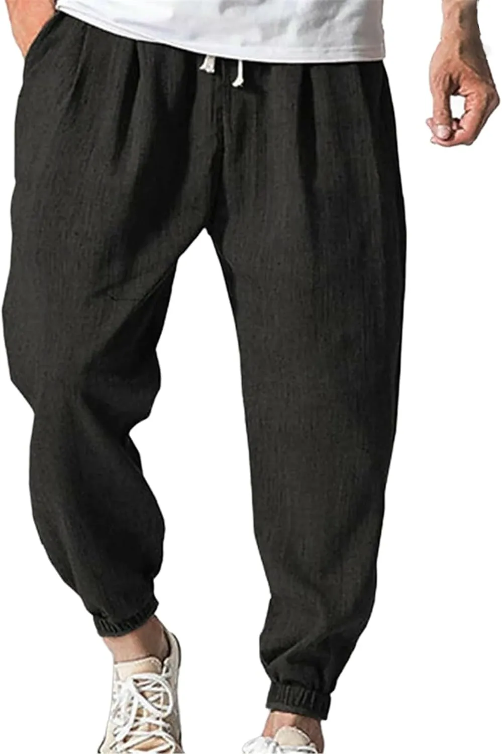 Mens Linen Tapered Pants Plus Size Lightweight Drawstring Waist Vacation Harem Trousers Summer Trendy Loose Slacks